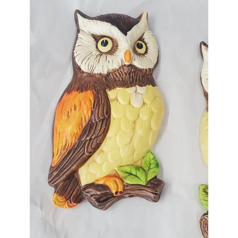 Vintage Lefton Ceramic Owl Wall Plaques‎ Set of 2 Brown Orange Yellow Japan 382